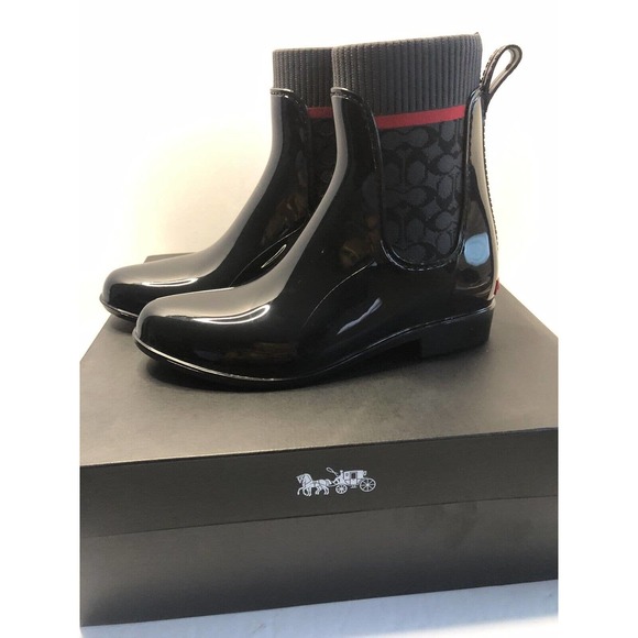 COACH Rubber Rain Boots Sz 7 Black Patent Logo Stretch PullOn Boots StyleG5255 - Picture 1 of 5